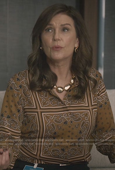 Vivian’s yellow scarf-print blouse on Good Sam