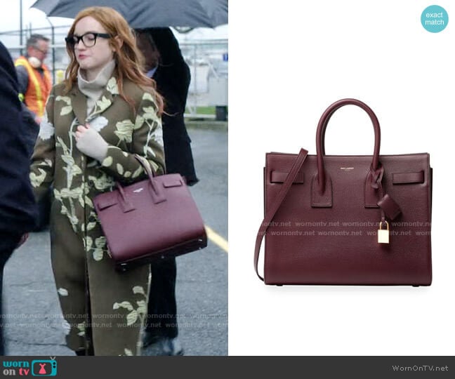 Saint Laurent Sac De Jour Small Bag in Burgundy worn by Anna Delvey (Julia Garner) on Inventing Anna