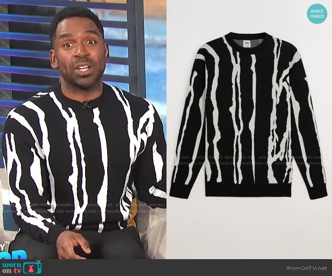 Zara Vertical Jacquard Sweater worn by Justin Sylvester on E! News