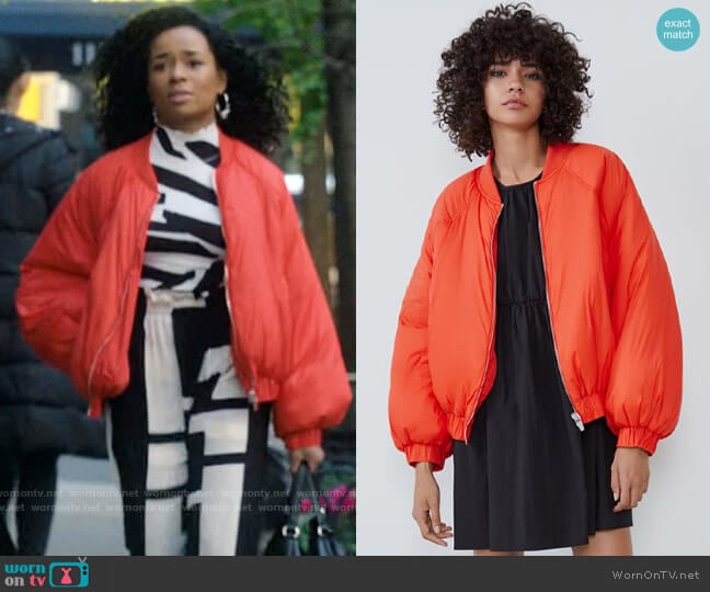 Zara Oversized Bomber Jacket worn by Neff Davis (Alexis Floyd) on Inventing Anna