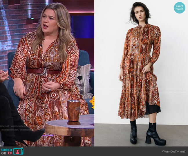 Zara Printed Midi Dress worn by Kelly Clarkson on The Kelly Clarkson Show