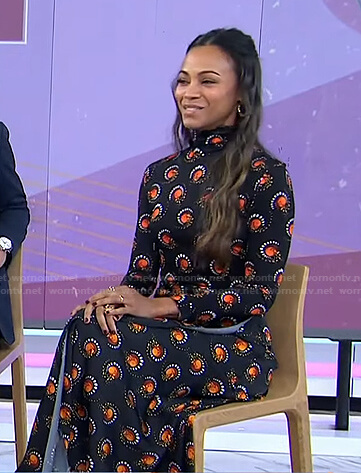 Zoe Saldana’s black printed turtleneck top and skirt on Today
