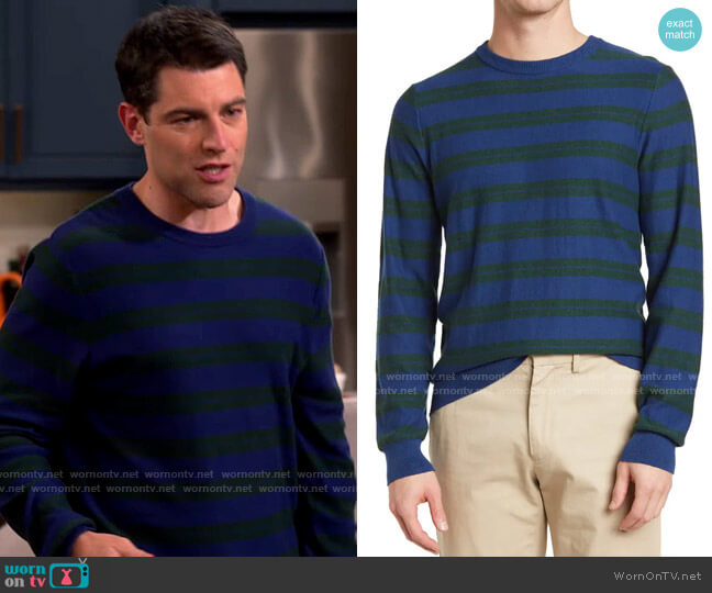 14th and Union Striped Trim Fit Crew Sweater in Green Blue Duo Stripe worn by Dave Johnson (Max Greenfield) on The Neighborhood