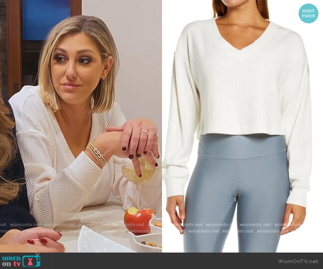 ALO Muse Ribbed Crop Pullover worn by Gina Kirschenheiter on The Real Housewives of Orange County