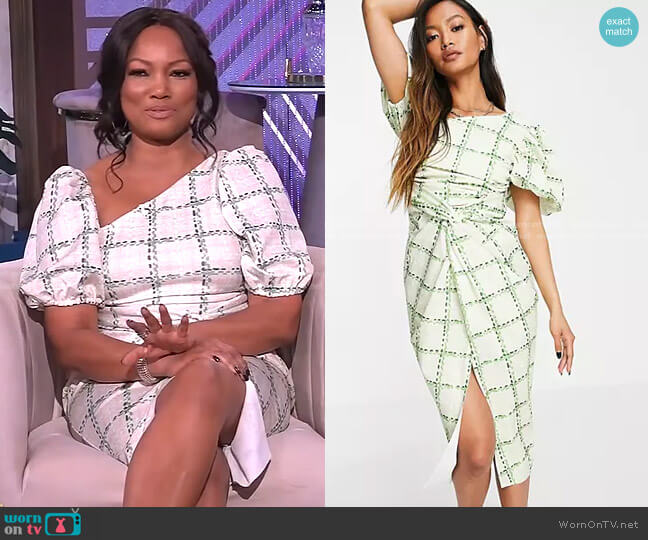 Asos Asymmetric Puff Sleeve Knot Tuck Midi Dress in check print worn by Garcelle Beauvais on The Real