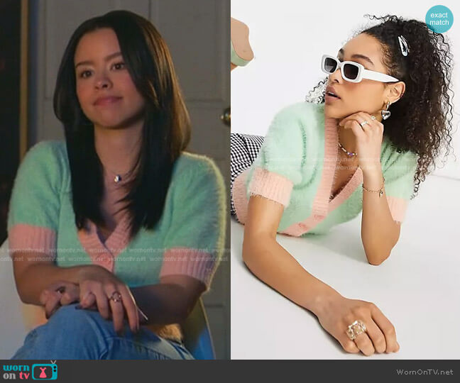 Asos Fluffy Cardigan in Color Block worn by Mariana Foster (Cierra Ramirez) on Good Trouble