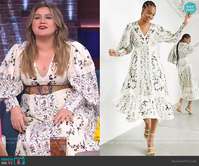 ASOS Floral Embroidered Midi Dress with Lace Inserts worn by Kelly Clarkson on The Kelly Clarkson Show