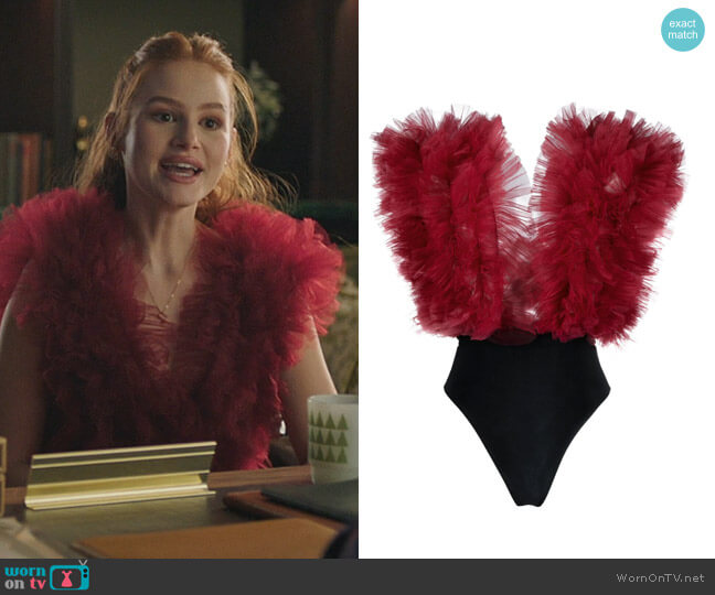 Alchemy Ruffled Sleeveless Bodysuit worn by Cheryl Blossom (Madelaine Petsch) on Riverdale