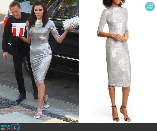 Alice + Olivia Delora Metallic Midi Sheath Dress worn by Heather Dubrow on The Real Housewives of Orange County