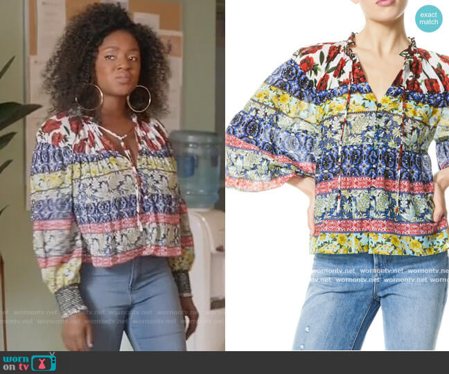 Alice + Olivia Marlyn Floral Patchwork Peasant Blouse worn by Bridgette Pierce (Yaani King Mondschein) on The Kings of Napa