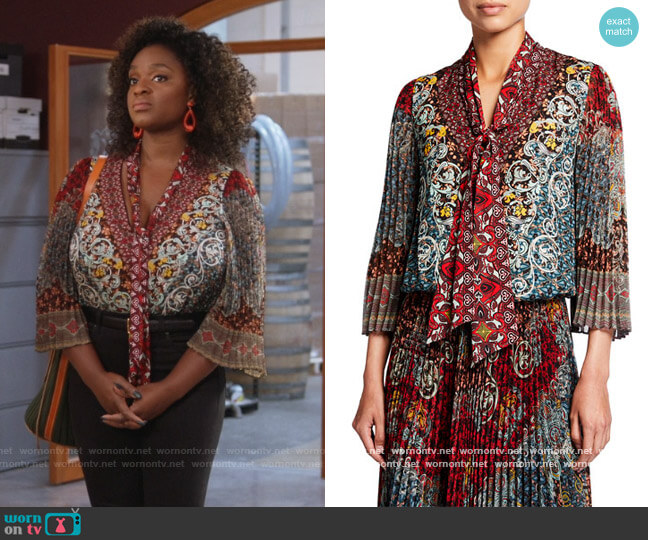 Alice + Olivia Elaina Sunburst Pleated-Sleeve Tie-Neck Blouse worn by Bridgette Pierce (Yaani King Mondschein) on The Kings of Napa
