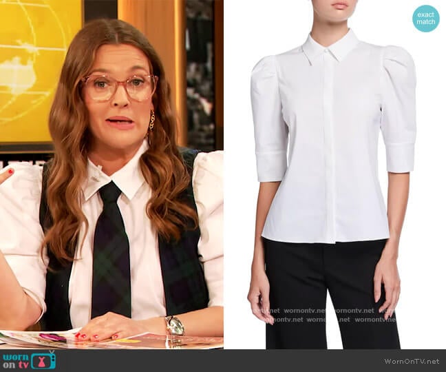 Alice and Olivia Willa Scrunched Puff-Sleeve Placket Top worn by Drew Barrymore on The Drew Barrymore Show