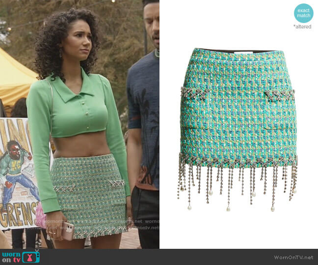Area Tweed Mini Skirt with Pearl Drop Fringe worn by Layla Keating (Greta Onieogou) on All American