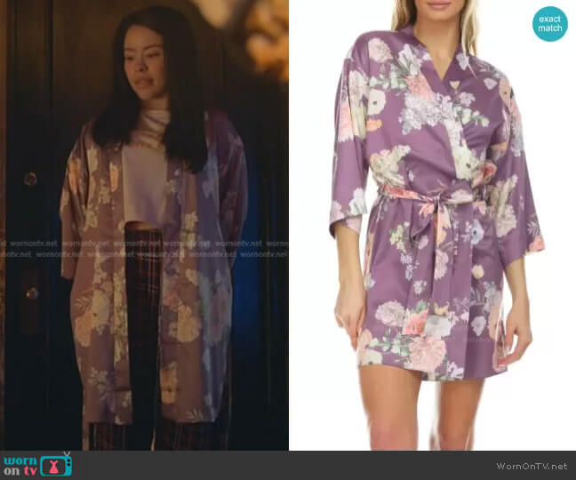 Flora Nikrooz Arisa Floral Charmeuse Wrap in Mauve worn by Mariana Foster (Cierra Ramirez) on Good Trouble