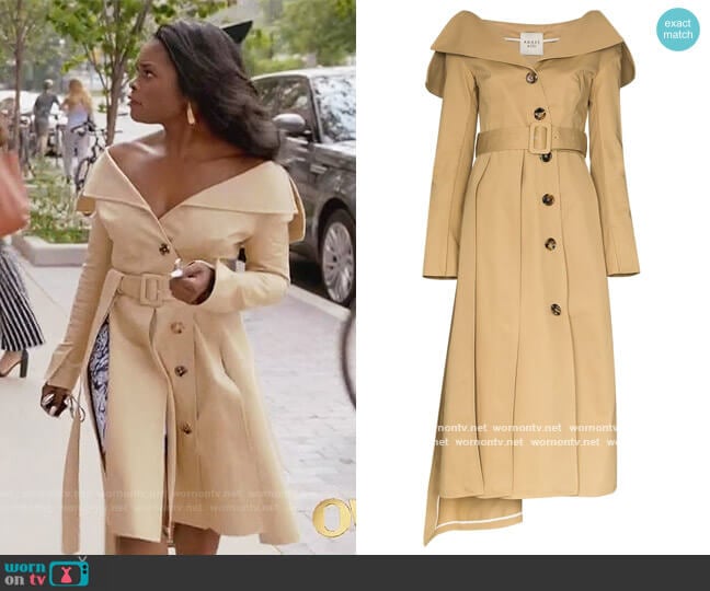 A.W.A.K.E. Mode Off Shoulder Trench Coat worn by August King (Ebonee Noel) on The Kings of Napa