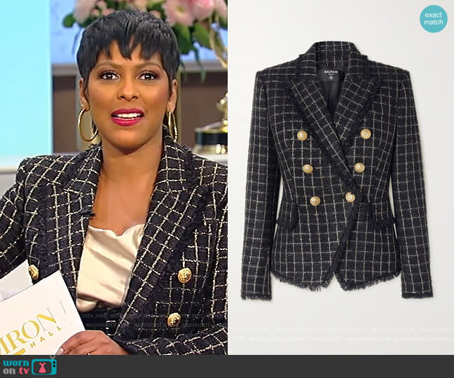 Balmain Double-breasted frayed checked metallic tweed blazer worn by Tamron Hall on Tamron Hall Show