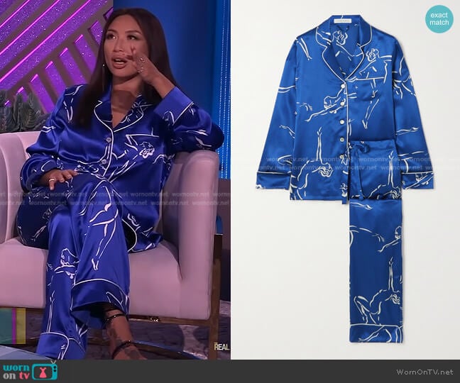 Olivia von Halle Lila Printed Silk-Satin Pajama Set worn by Jeannie Mai on The Real