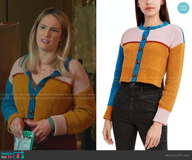 BCBGeneration Colorblock Button-Front Cardigan worn by Davia (Emma Hunton) on Good Trouble