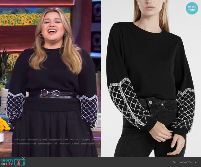 Express Pearl Embellished Sweater worn by Kelly Clarkson on The Kelly Clarkson Show