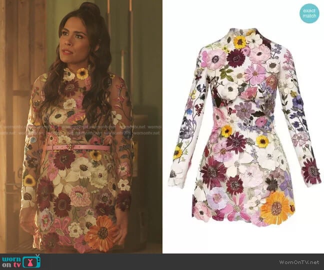 Oscar de la Renta Embroidered Flower Bell Skirt Dress worn by Cristal Jennings (Daniella Alonso) on Dynasty