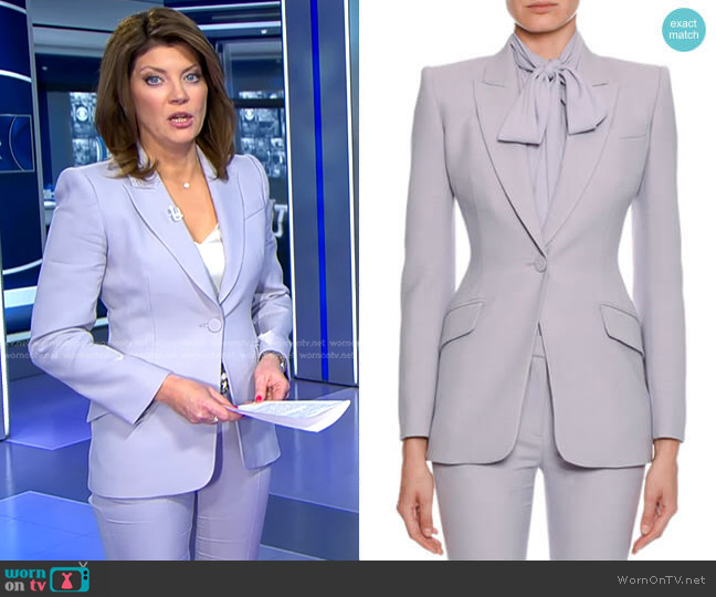 Alexander McQueen Fitted Flap-Pocket Wool-Silk Blazer worn by Norah O'Donnell on CBS Evening News