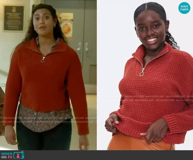 Forever 21 Open-Knit Half-Zip Sweater in Rust worn by Kylie Estevez (Katelynn Shennett) on Chicago Fire