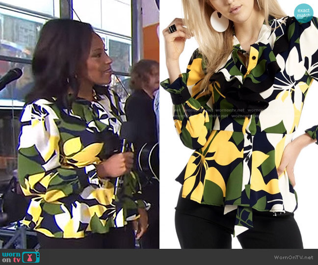 Gracia Leaves Print Tie Neck Top worn by Sheinelle Jones on Today
