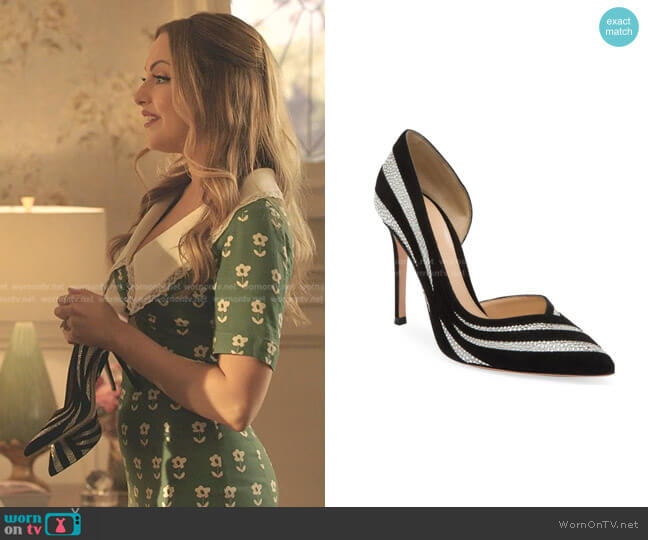 Gianvito Rossi Glitter Stripe Suede & Silk Pumps worn by Fallon Carrington (Elizabeth Gillies) on Dynasty