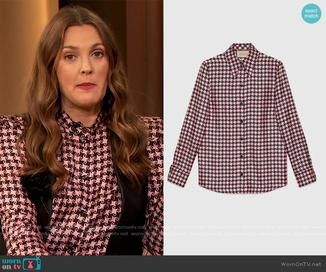Gucci G square houndstooth silk shirt worn by Drew Barrymore on The Drew Barrymore Show