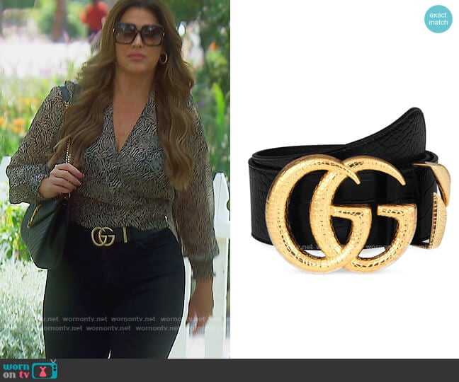 Gucci GG Marmont Lizard Buckle Leather Belt worn by Emily Simpson on The Real Housewives of Orange County