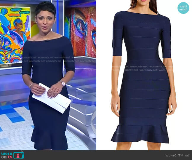 Herve Leger Boat Neck Bandage Dress worn by Jericka Duncan on CBS Evening News