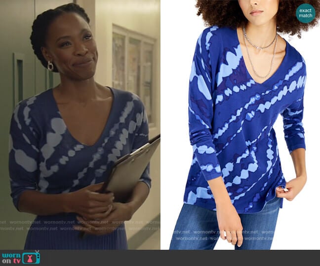 INC International Concepts Tie-Dyed V-Neck Step-Hem Sweater worn by Grace James (Karimah Westbrook) on All American