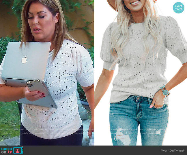 Jeanewpole1 Bubble Sleeve Knit Sweater Top worn by Emily Simpson on The Real Housewives of Orange County