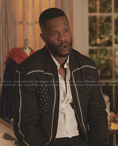 Jeff’s black polka dot bomber jacket on Dynasty