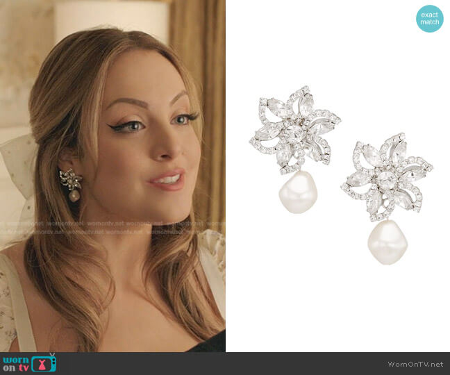 Jennifer Behr Claudia Silvertone, Crystal & Glass Pearl Drop Earrings worn by Fallon Carrington (Elizabeth Gillies) on Dynasty
