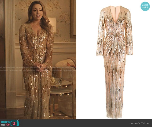 Jenny Packham Sequin-Embellished Gown worn by Fallon Carrington (Elizabeth Gillies) on Dynasty