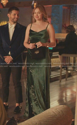 Kirby’s green floral embroidered velvet dress on Dynasty