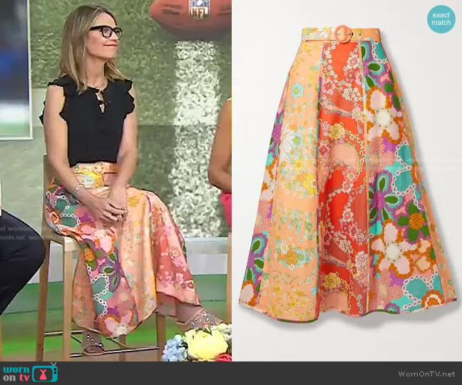 Zimmermann Lola Belted Paneled Floral-Print Linen Midi Skirt worn by Savannah Guthrie on Today