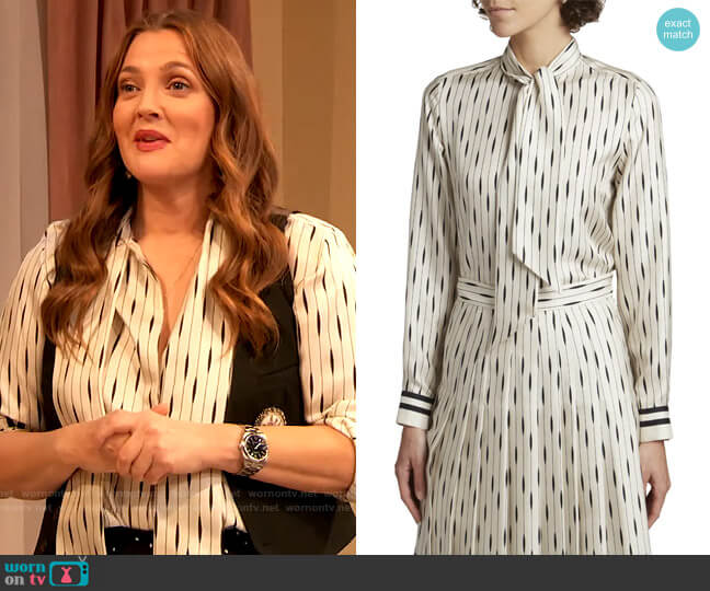Lora Piana Cam Shania Neck-Tie Silk-Twill Blouse worn by Drew Barrymore on The Drew Barrymore Show