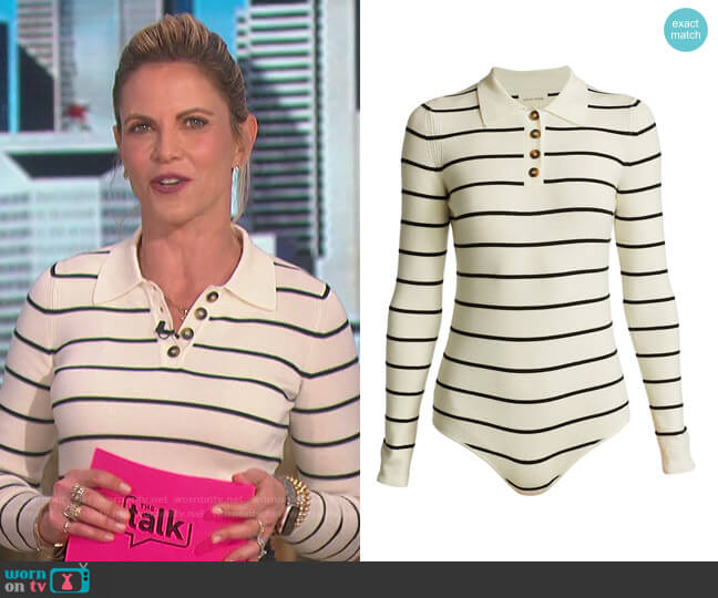 Loulou Studio Striped Long-Sleeve Polo Bodysuit worn by Natalie Morales on The Talk