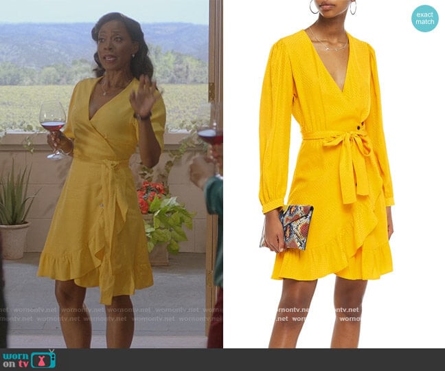 Maje Seya ruffled polka-dot jacquard wrap dress worn by Vanessa King (Karen Leblanc) on The Kings of Napa
