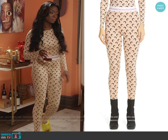 Marine Serre Crescent moon-print leggings worn by August King (Ebonee Noel) on The Kings of Napa