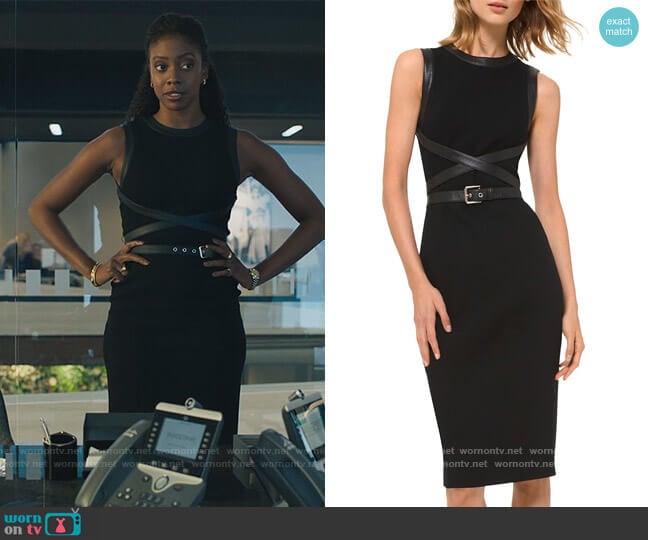 Michael Kors Stretch Bouclé Crisscross Leather Belted Sheath Dress worn by Kate Sacker (Condola Rashad) on Billions