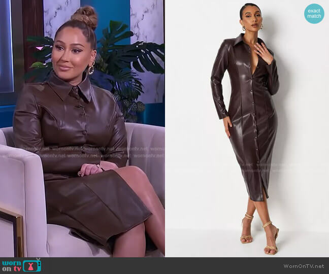 Missguided Chocolate Button Up Faux Leather Shirt Dress worn by Adrienne Houghton on The Real