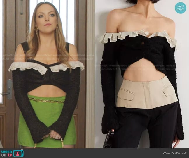 Aaizél Off-The-Shoulder Cropped Ruffled TENCEL-Trimmed Cardigan worn by Fallon Carrington (Elizabeth Gillies) on Dynasty