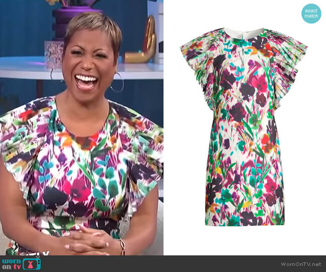 One33 Social Painterly Pleated Cap-Sleeve Minidress worn by Monique Kelley on E! News