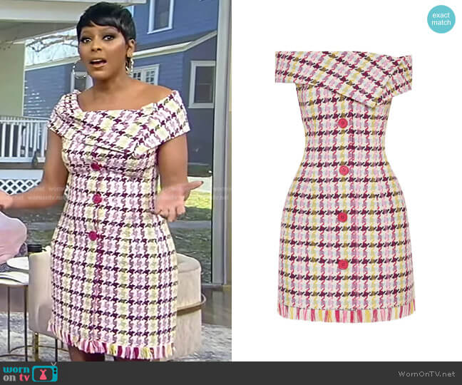 Oscar de la Renta Tweed Off-Shoulder Mini Dress worn by Tamron Hall on Tamron Hall Show