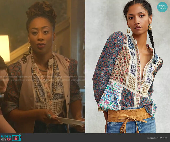 Pilcro Printed Patchwork Blouse worn by Malika Williams (Zuri Adele) on Good Trouble