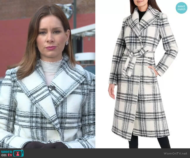 Elie Tahari Plaid Belted Wrap Coat worn by Rebecca Jarvis on Good Morning America
