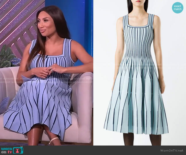 RVN Origami Pleat Square Neck Architectured Flare Midi Dress worn by Jeannie Mai on The Real